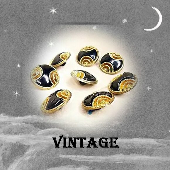 Vintage Button Set, 80s Black & Goldtone Buttons Lot of 8 - Picture 1 of 10